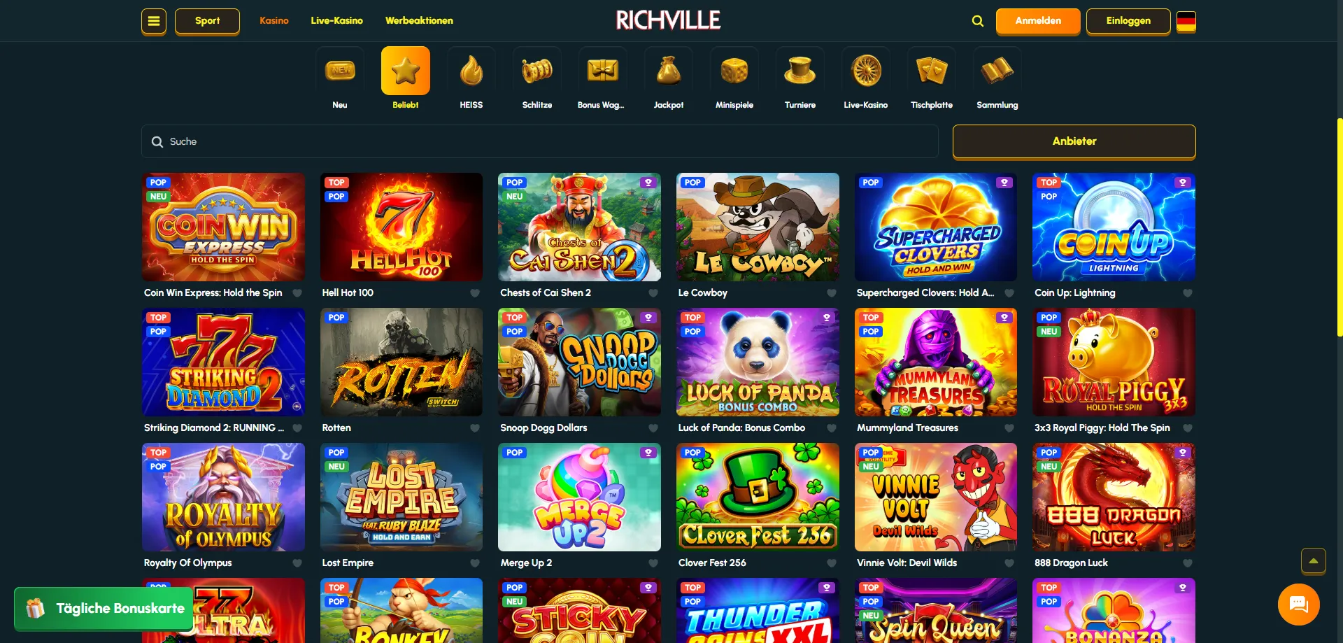 Richville Casino Spielauswahl mit über 7.000 Slots und Tischspielen